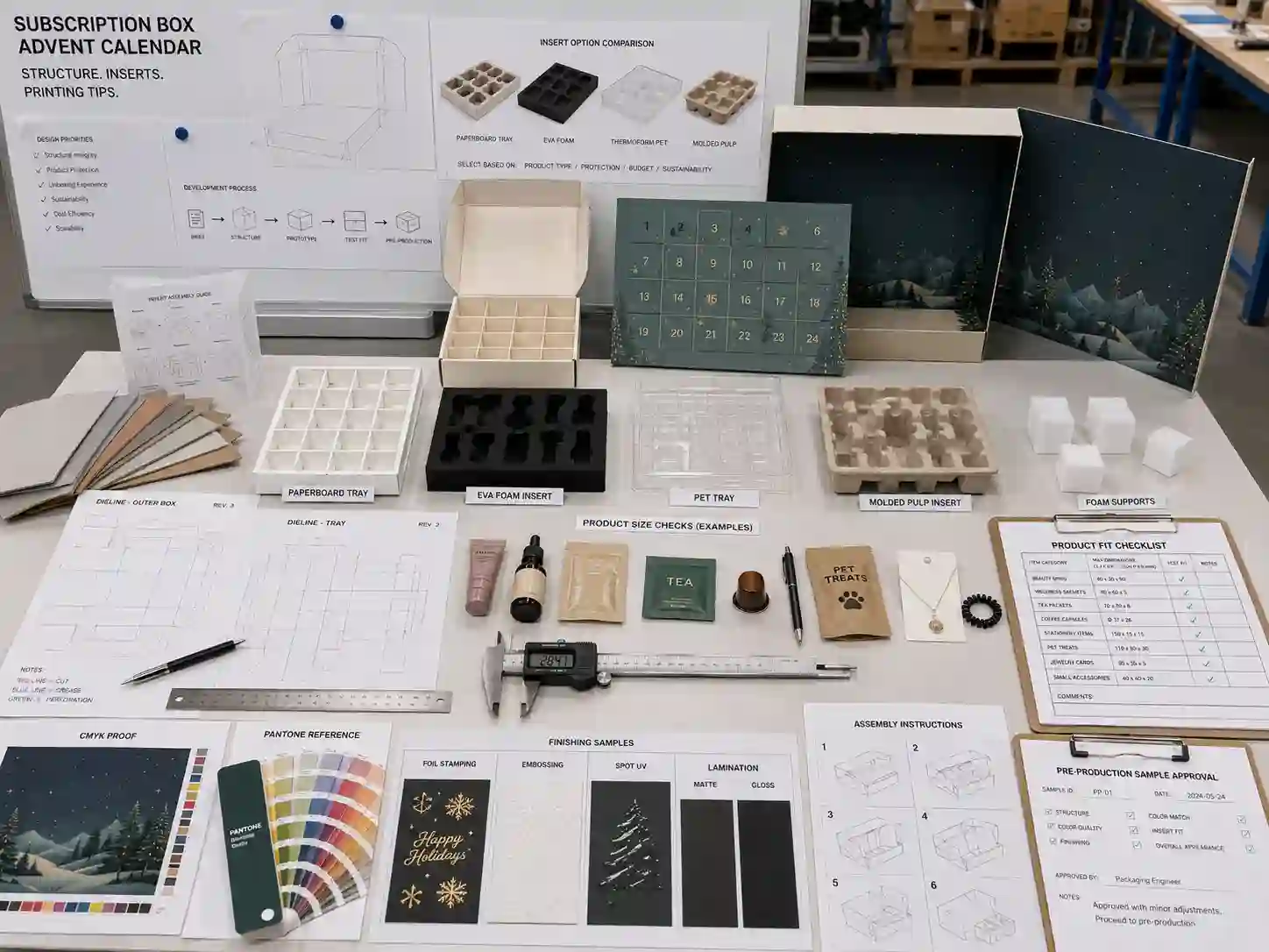 Dieline, insert, material, artwork proof, and sample review for subscription advent calendars