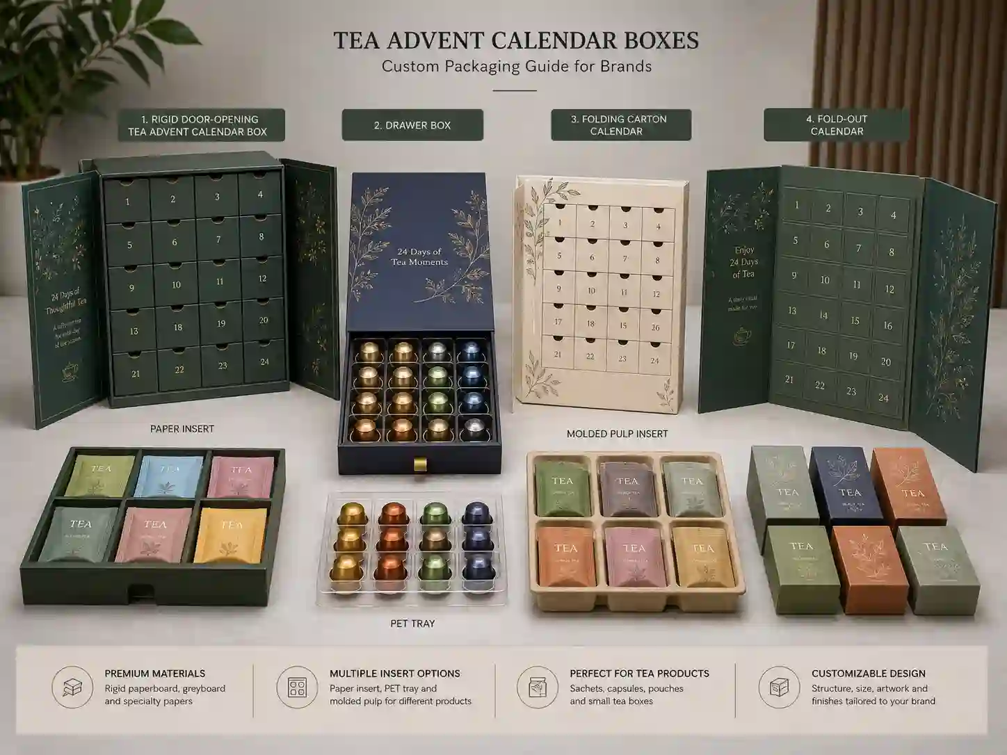 Finished custom tea advent calendar boxes comparing rigid, drawer, folding carton, and fold-out structures with tea sachets and inserts