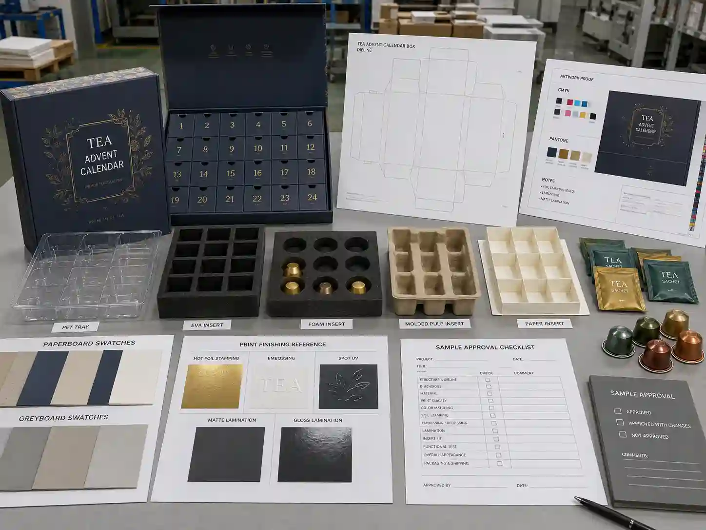 Tea advent calendar box development table with dielines, paperboard swatches, insert samples, artwork proof, and printing finish references