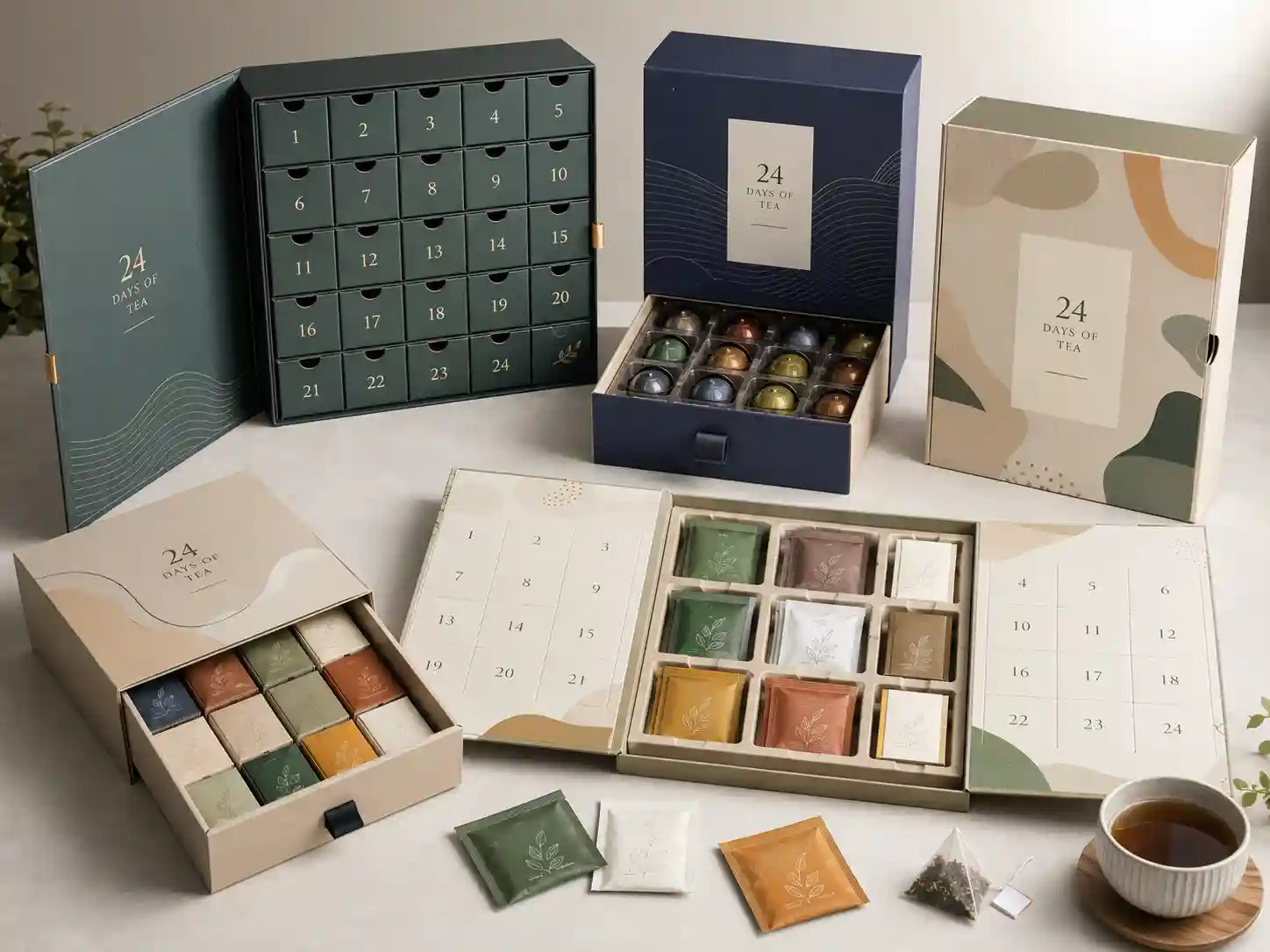 Finished tea advent calendar box samples showing rigid, drawer, folding carton, and insert options for B2B packaging buyers