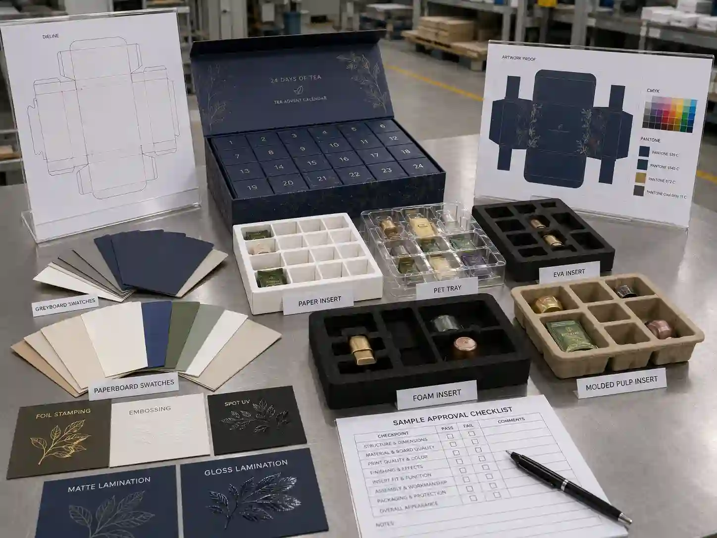 Factory planning table for tea advent calendar boxes with dielines, material swatches, insert samples, and printing proof checks
