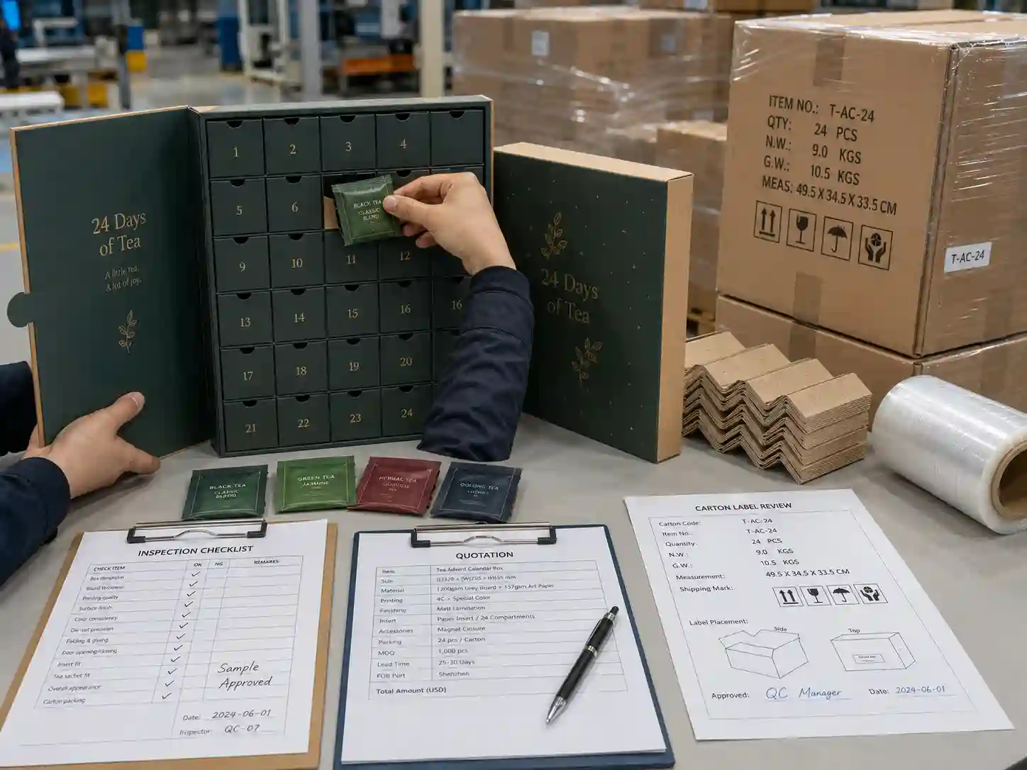 QC and export packing review for tea advent calendar boxes with inspection checklist, cartons, pallet wrap, and quote documents