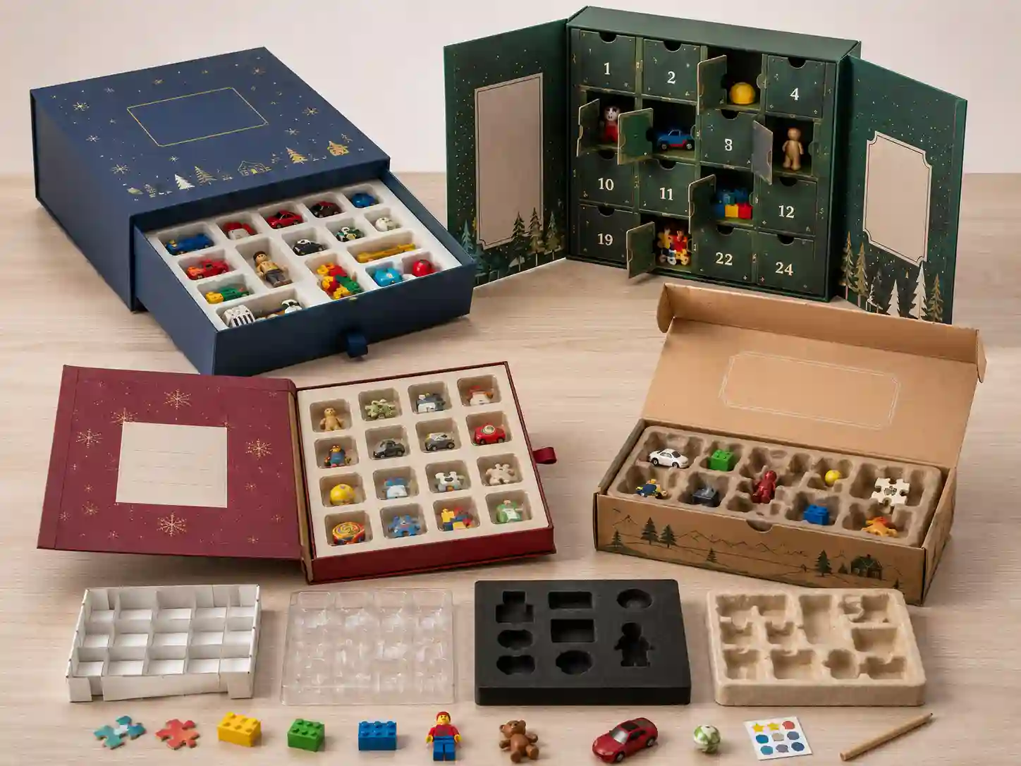 Finished toy advent calendar boxes with mixed toy inserts and retail display structure comparison