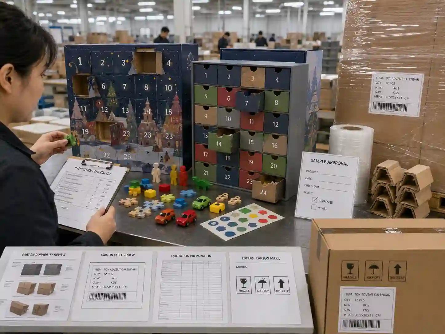 QC and export packing review for toy advent calendar boxes with cartons and shipping marks