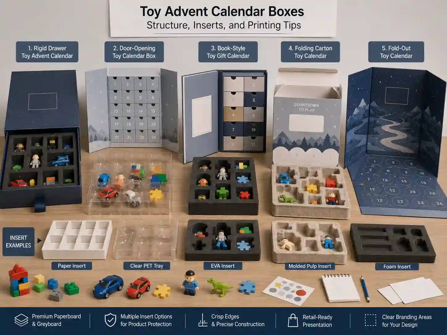 Finished toy advent calendar boxes with different structures and insert options for B2B packaging comparison