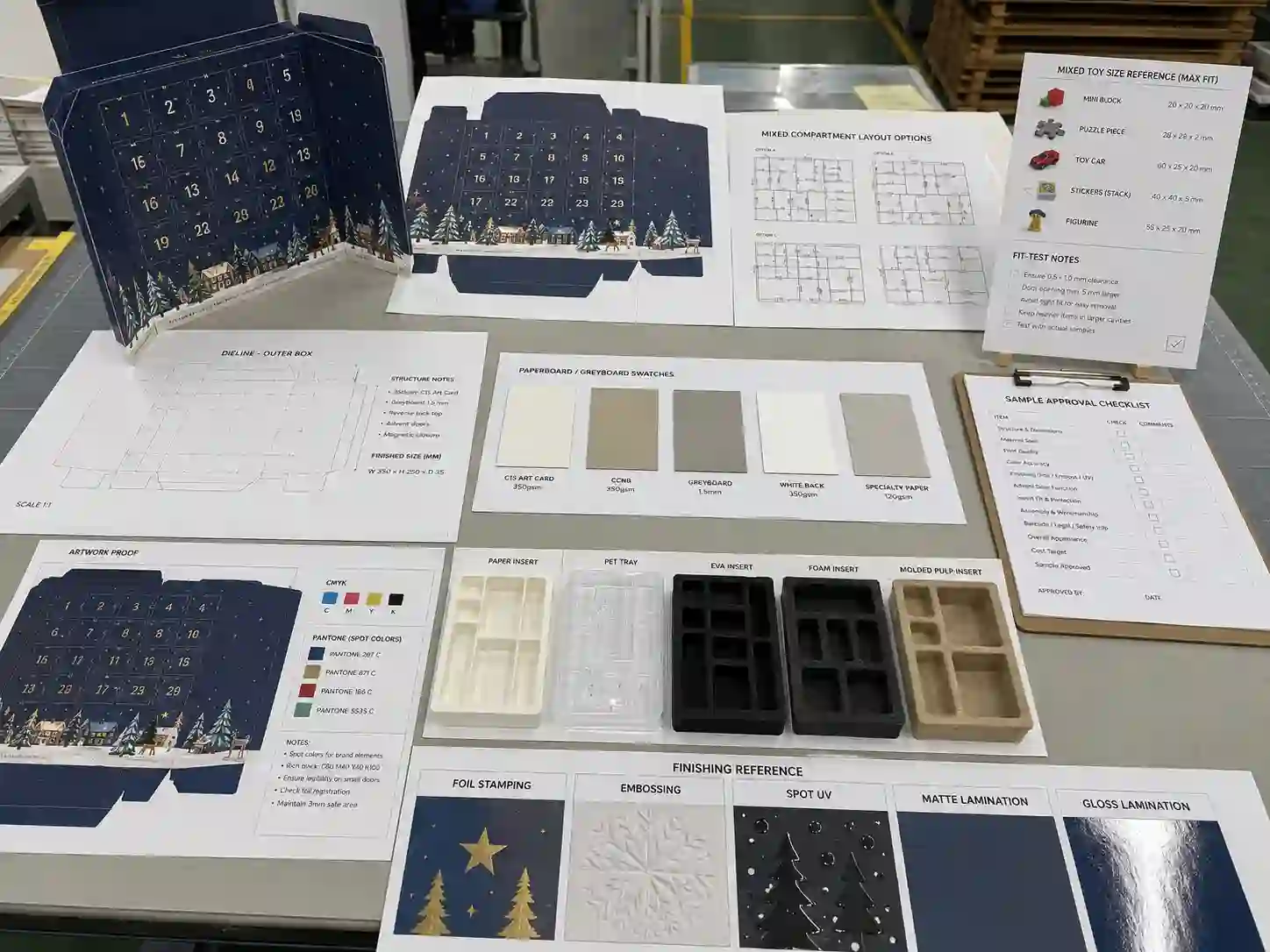 Toy advent calendar dieline planning with material swatches, insert samples, and artwork proof review
