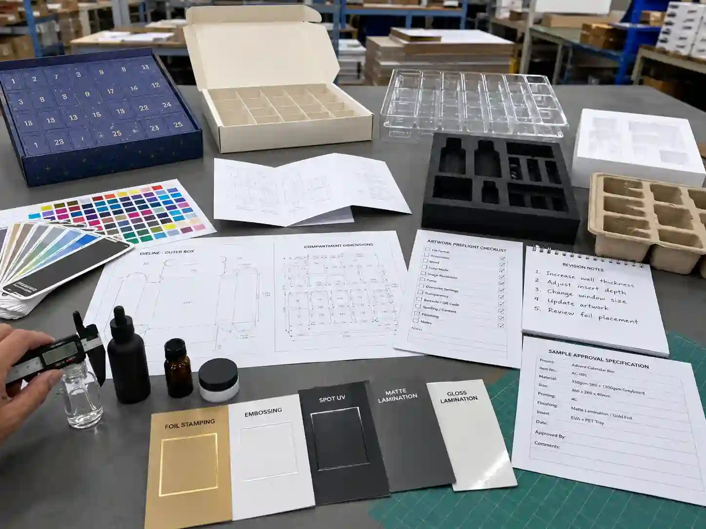 Dieline, insert, material, and artwork review for an advent calendar box sample