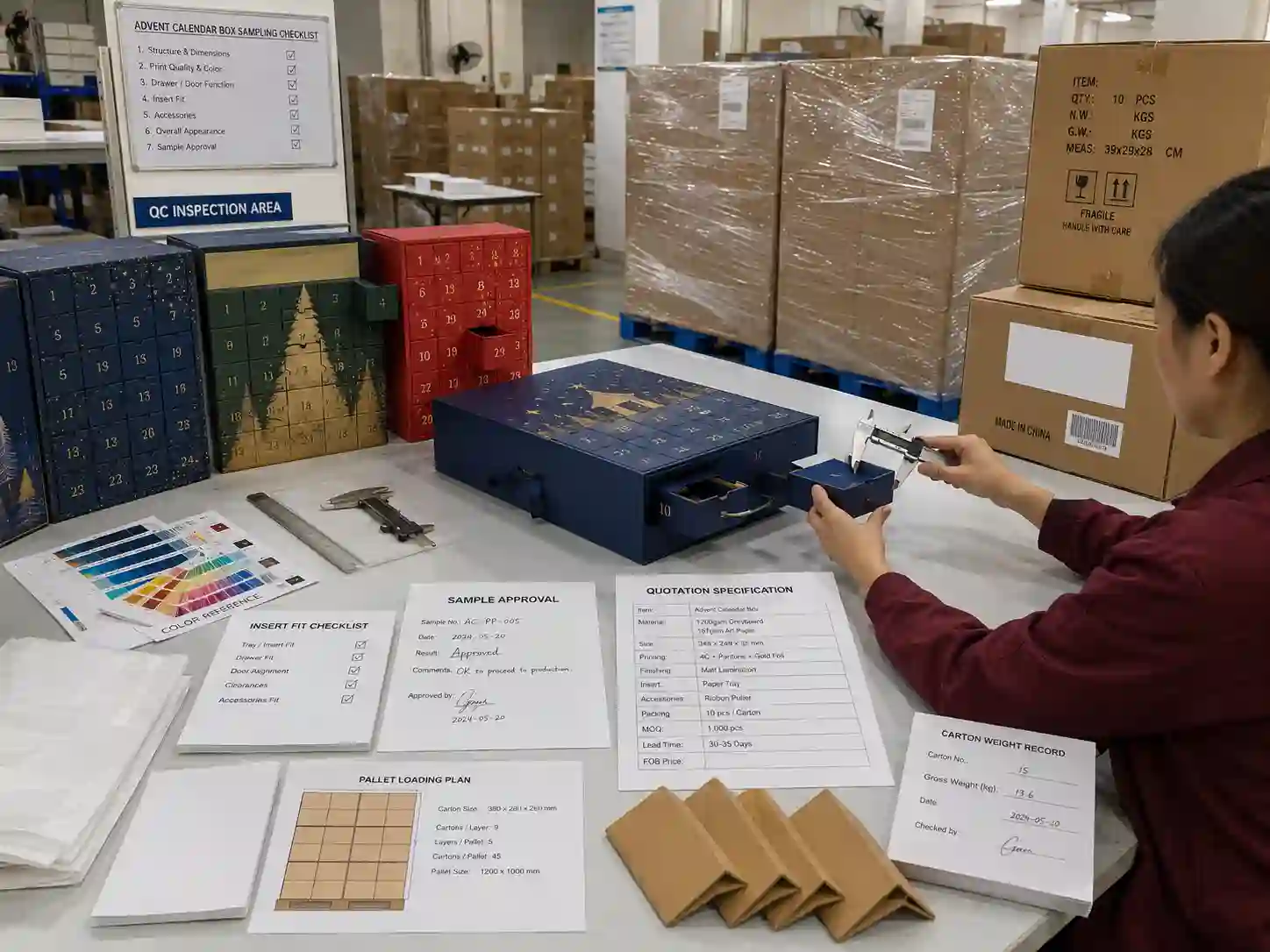 QC inspection, sample approval, and export packing for custom advent calendar boxes