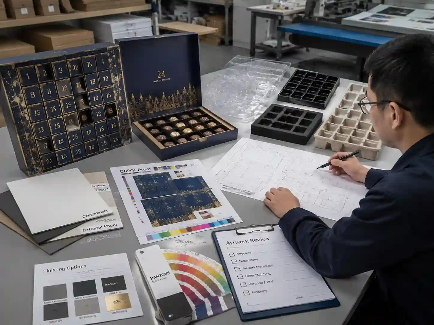 Packaging engineer reviewing chocolate advent calendar box insert prototypes and production materials