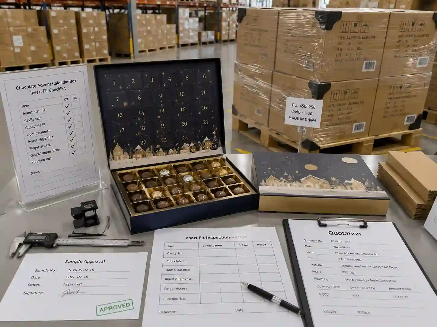 Quality control and export packing inspection for chocolate advent calendar box inserts