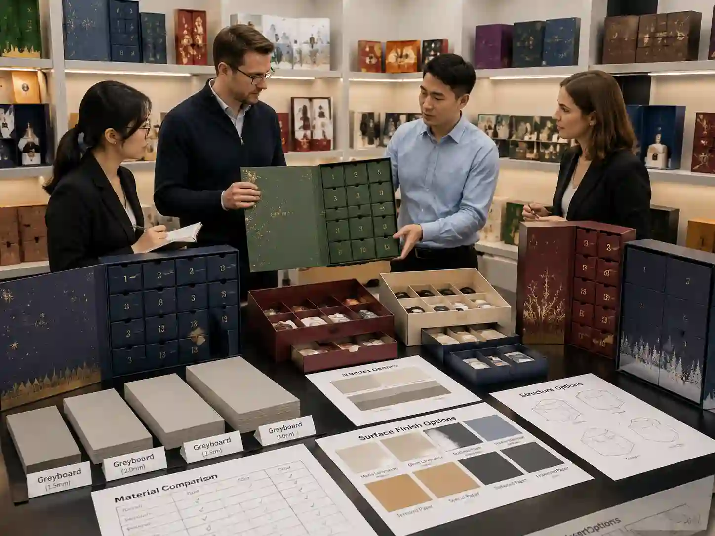 B2B buyers comparing greyboard rigid advent calendar box materials and structures