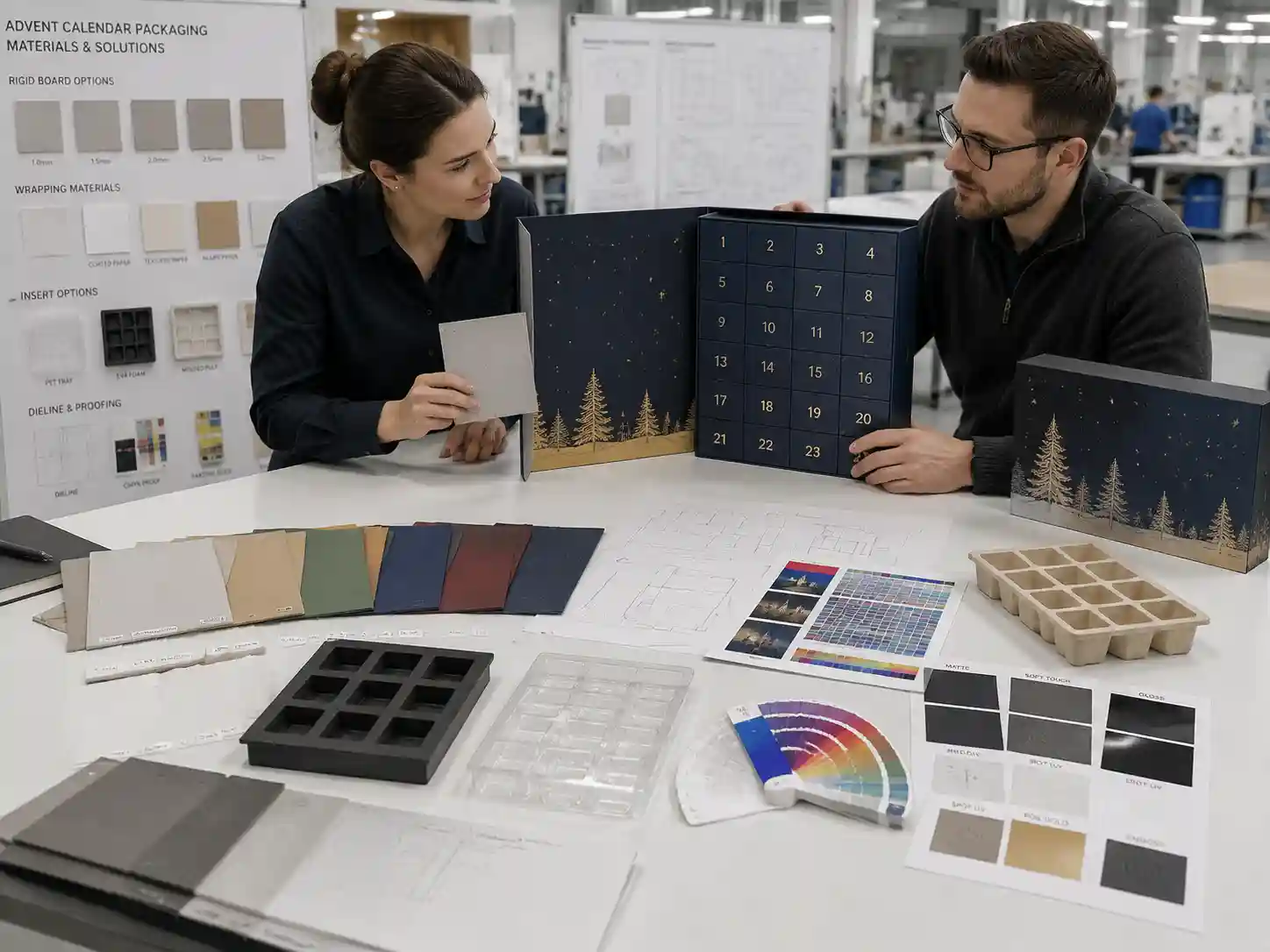 Packaging engineers reviewing rigid advent calendar box materials and prototypes