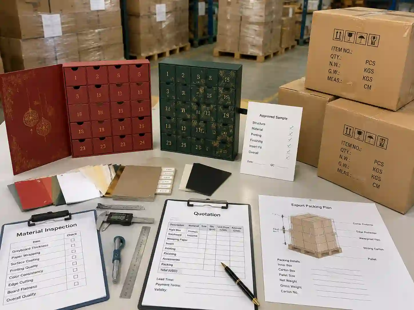QC inspection and export packing preparation for rigid advent calendar boxes