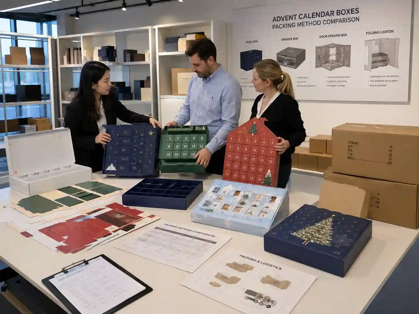 B2B buyers comparing flat packed and assembled advent calendar box packing methods in a packaging showroom