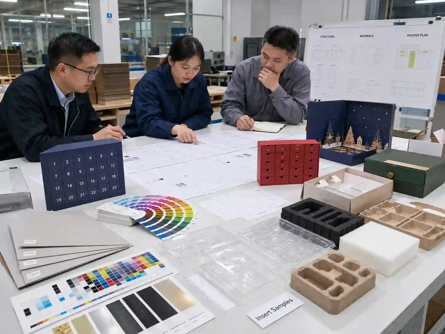 Packaging engineers testing advent calendar box structure, inserts, and production samples before export packing