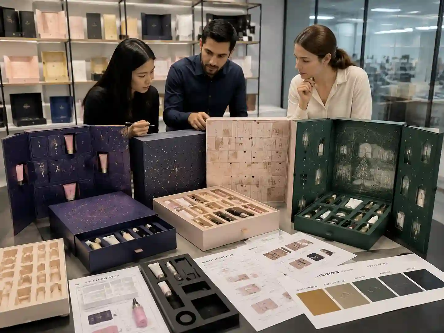 B2B comparison of cosmetic advent calendar box structures with rigid drawer and door-opening samples