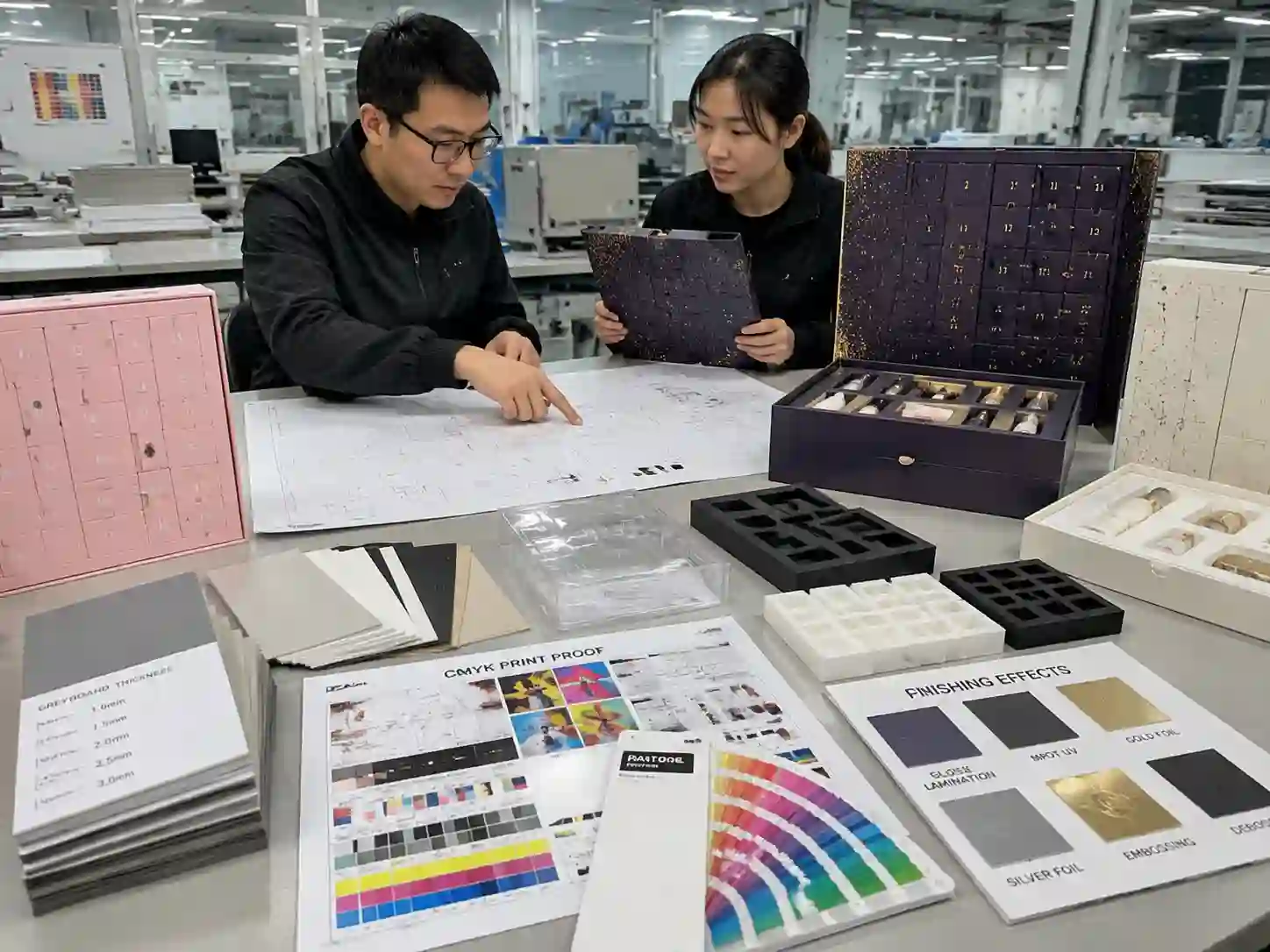 Packaging engineer reviewing cosmetic advent calendar box materials inserts dielines and samples