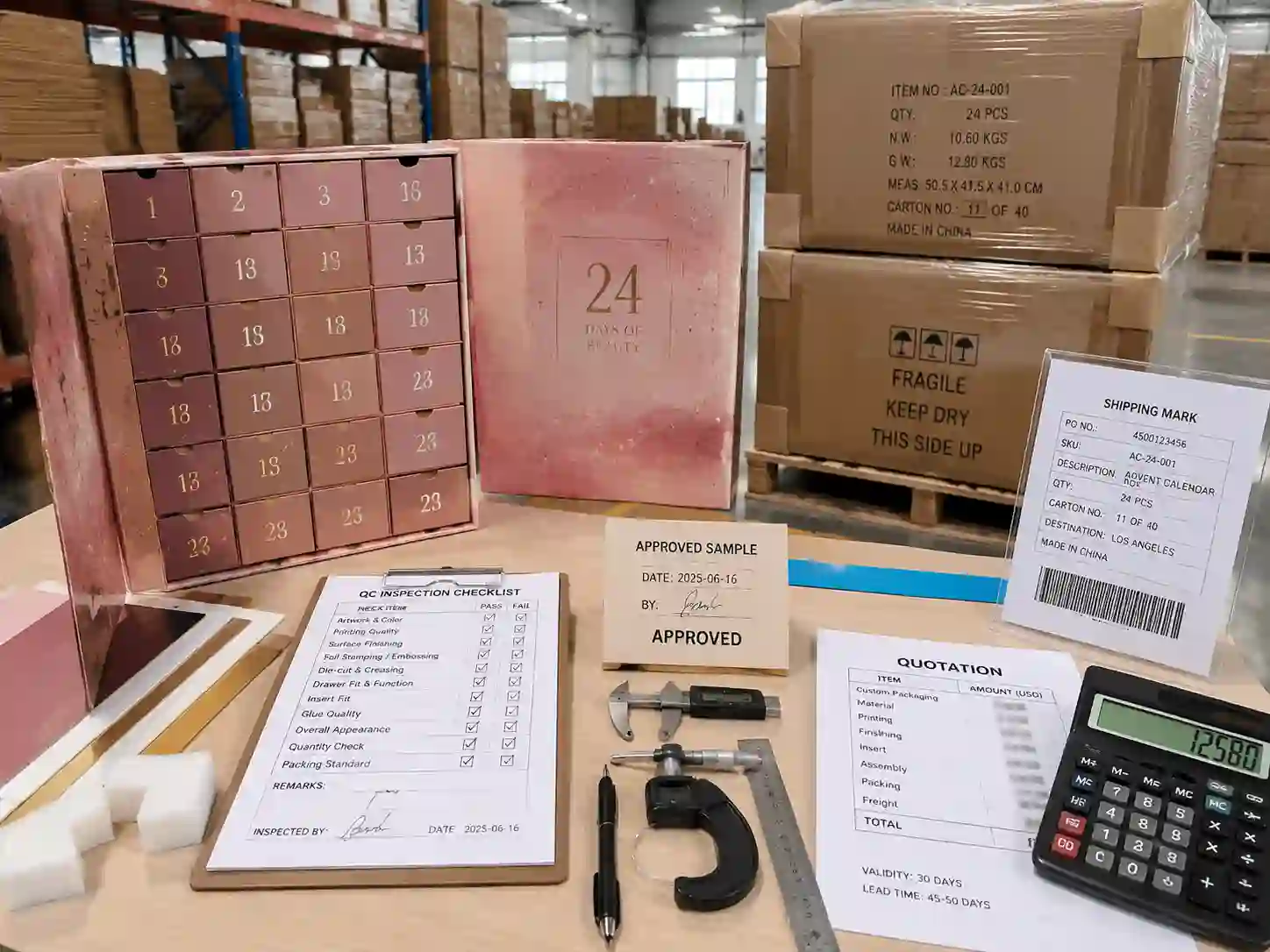 QC inspection and export packing preparation for cosmetic advent calendar boxes