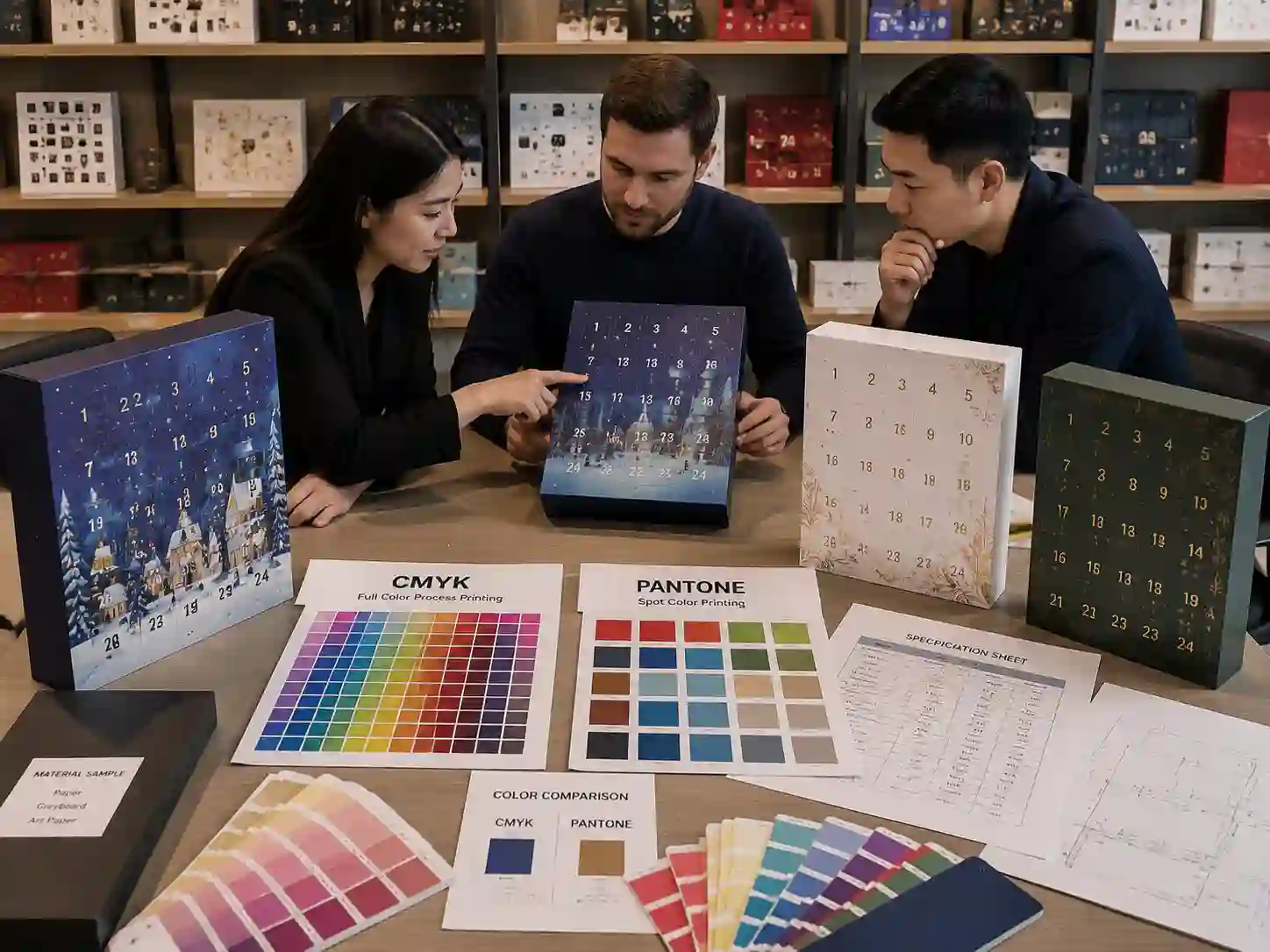 B2B buyers comparing CMYK and Pantone printed custom packaging box samples
