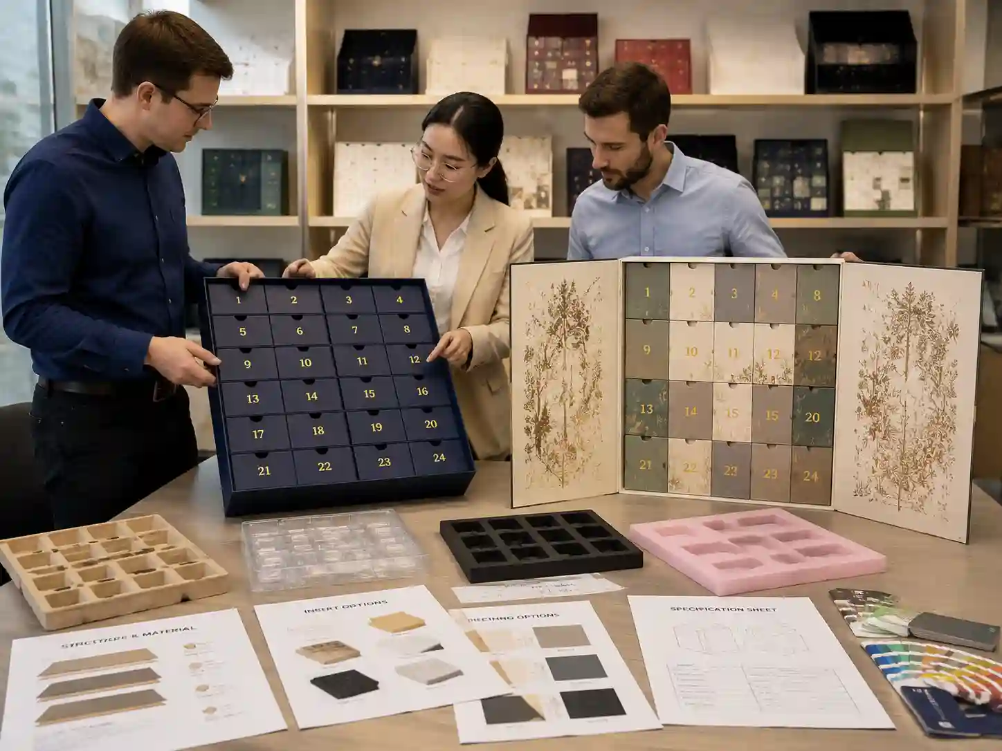 B2B buyers comparing drawer and door advent calendar box structures with compartment layouts in a packaging showroom
