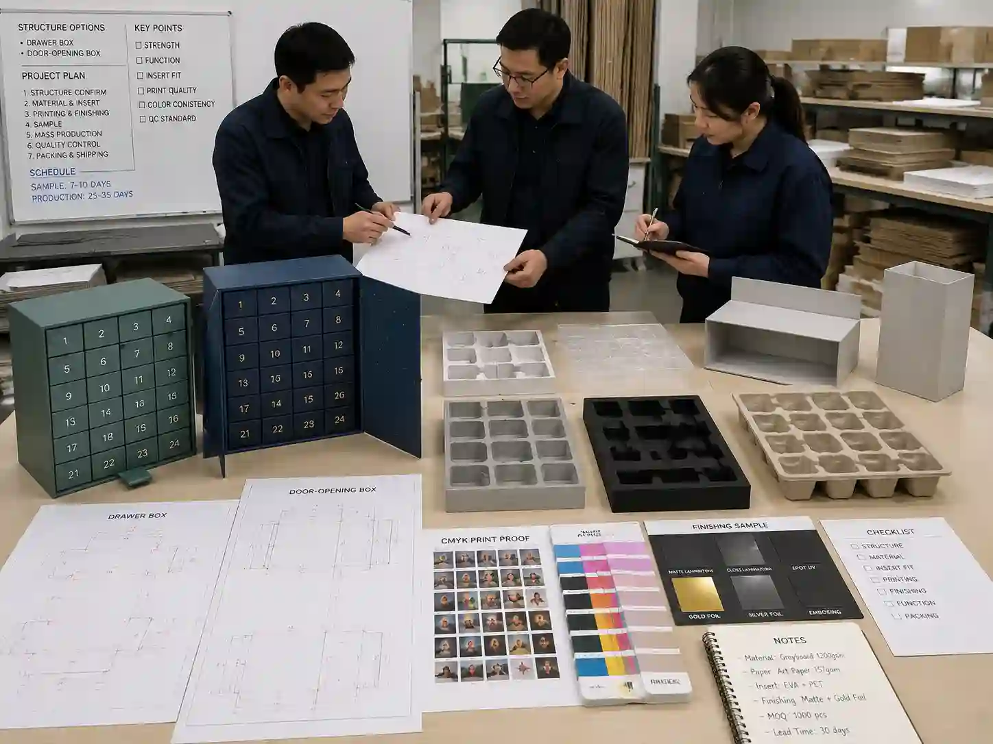 Packaging engineers reviewing dielines, inserts, materials, and prototypes for drawer and door advent calendar boxes