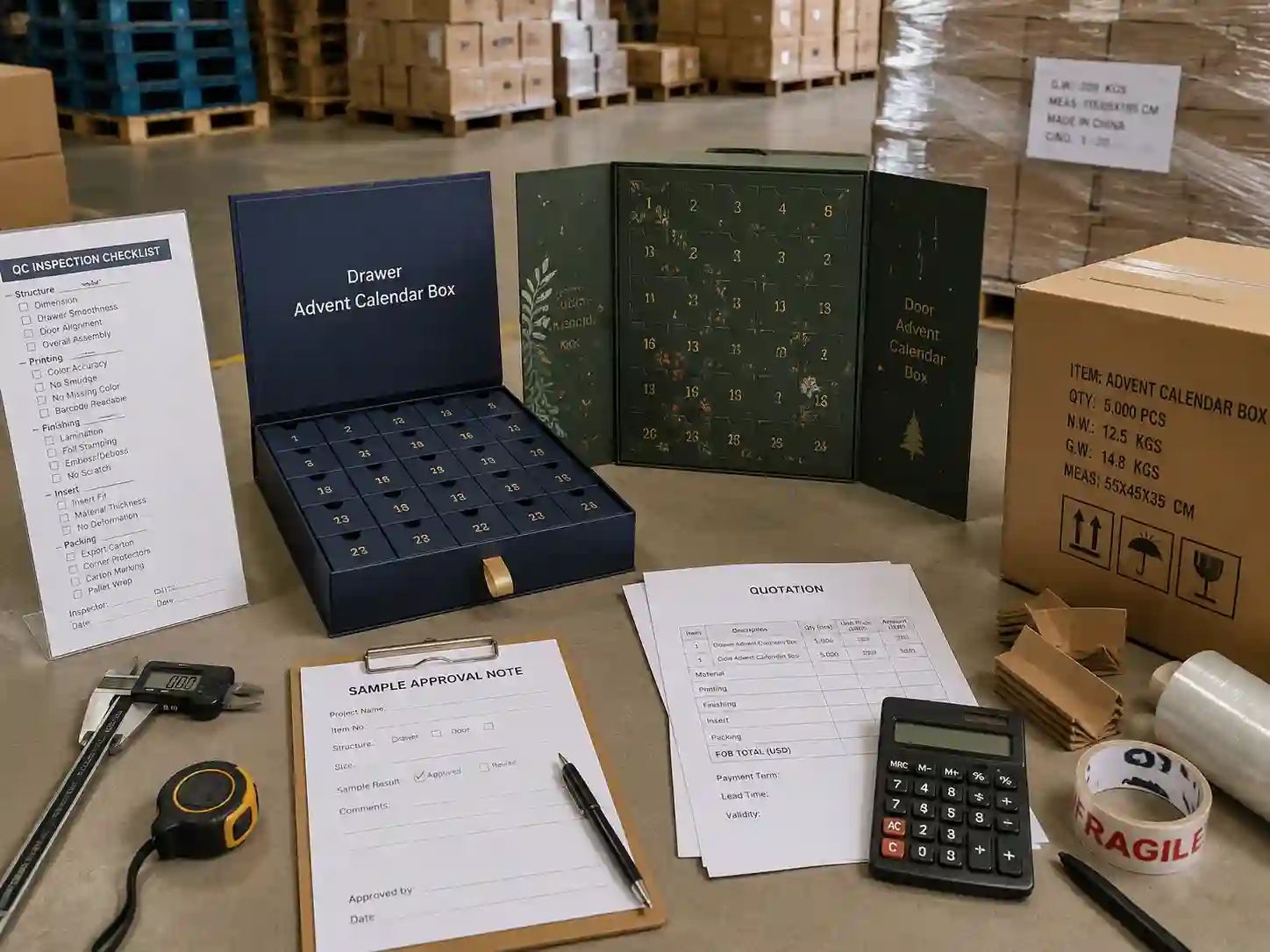 Quality control and export packing preparation for drawer and door advent calendar box production