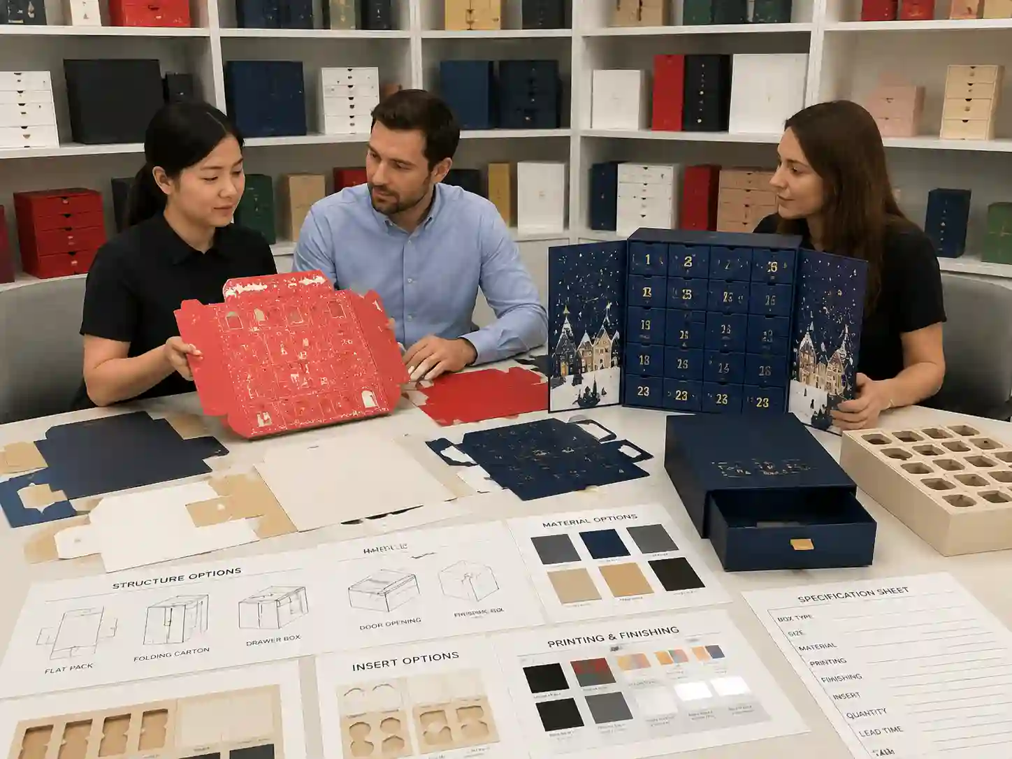B2B buyers comparing flat pack and assembled calendar box structures in a packaging showroom