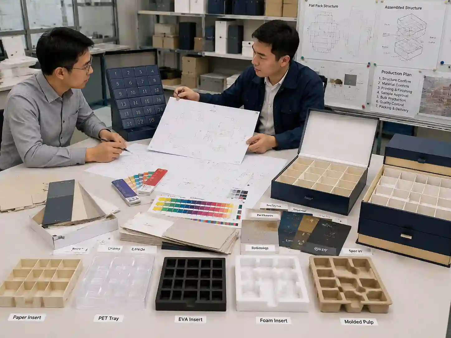 Packaging engineers developing flat pack and assembled calendar box samples with materials and dielines