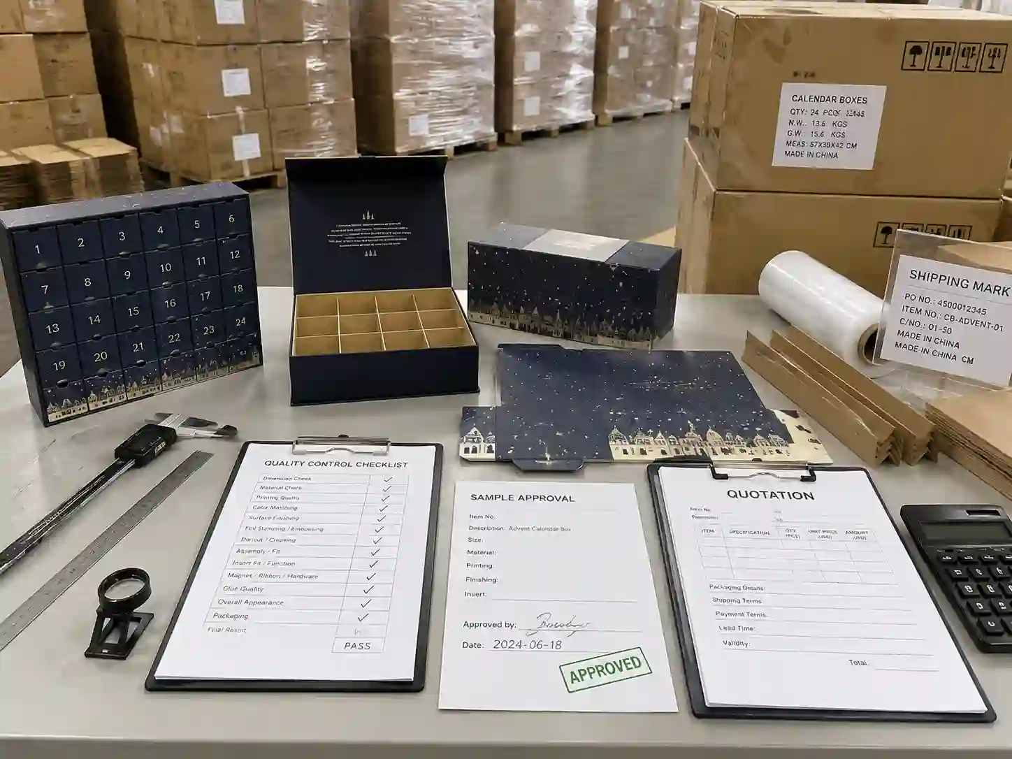 QC and export packing preparation for flat pack and assembled calendar boxes
