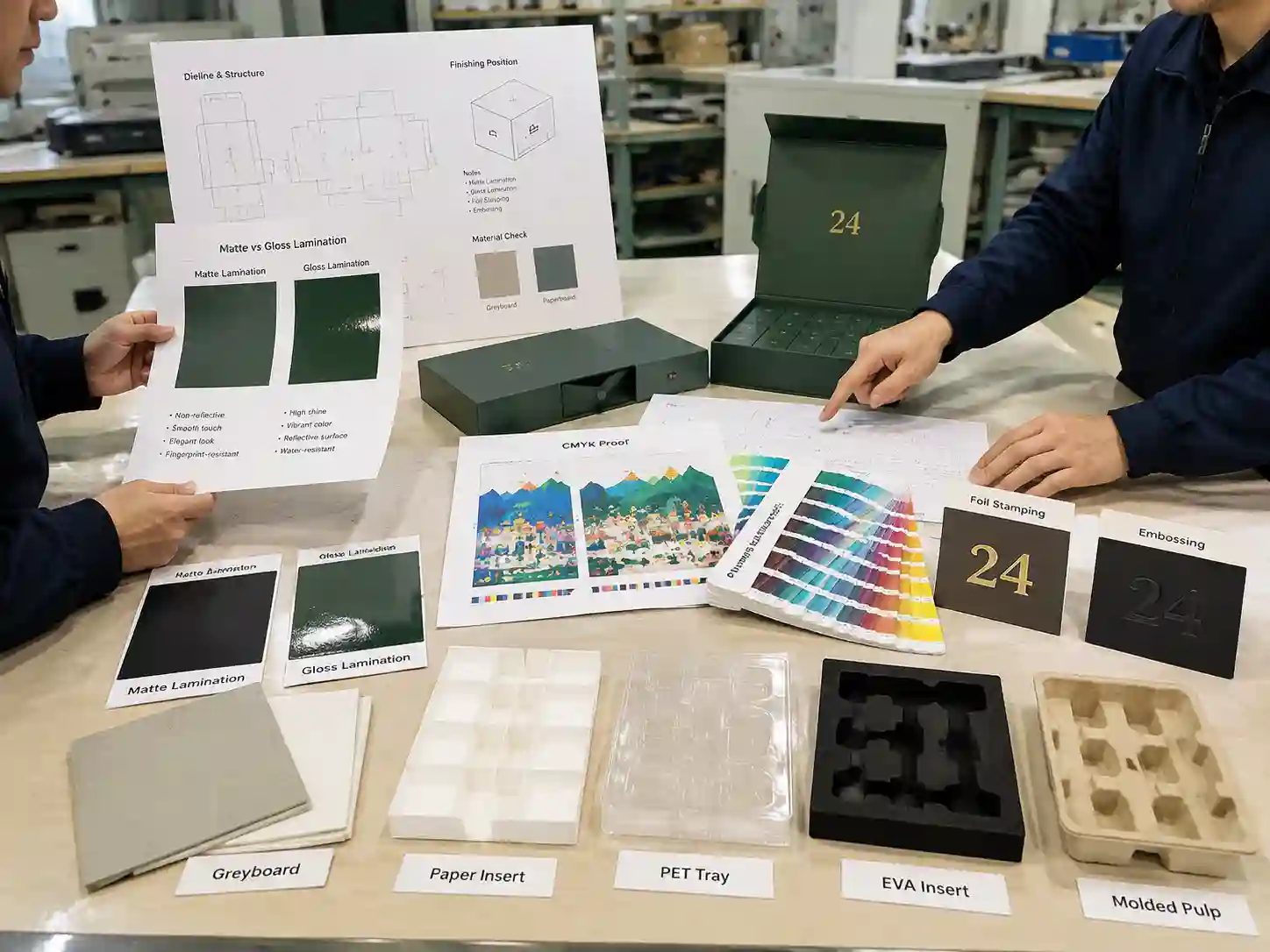 Packaging engineers testing matte and gloss lamination materials with dielines and printing samples