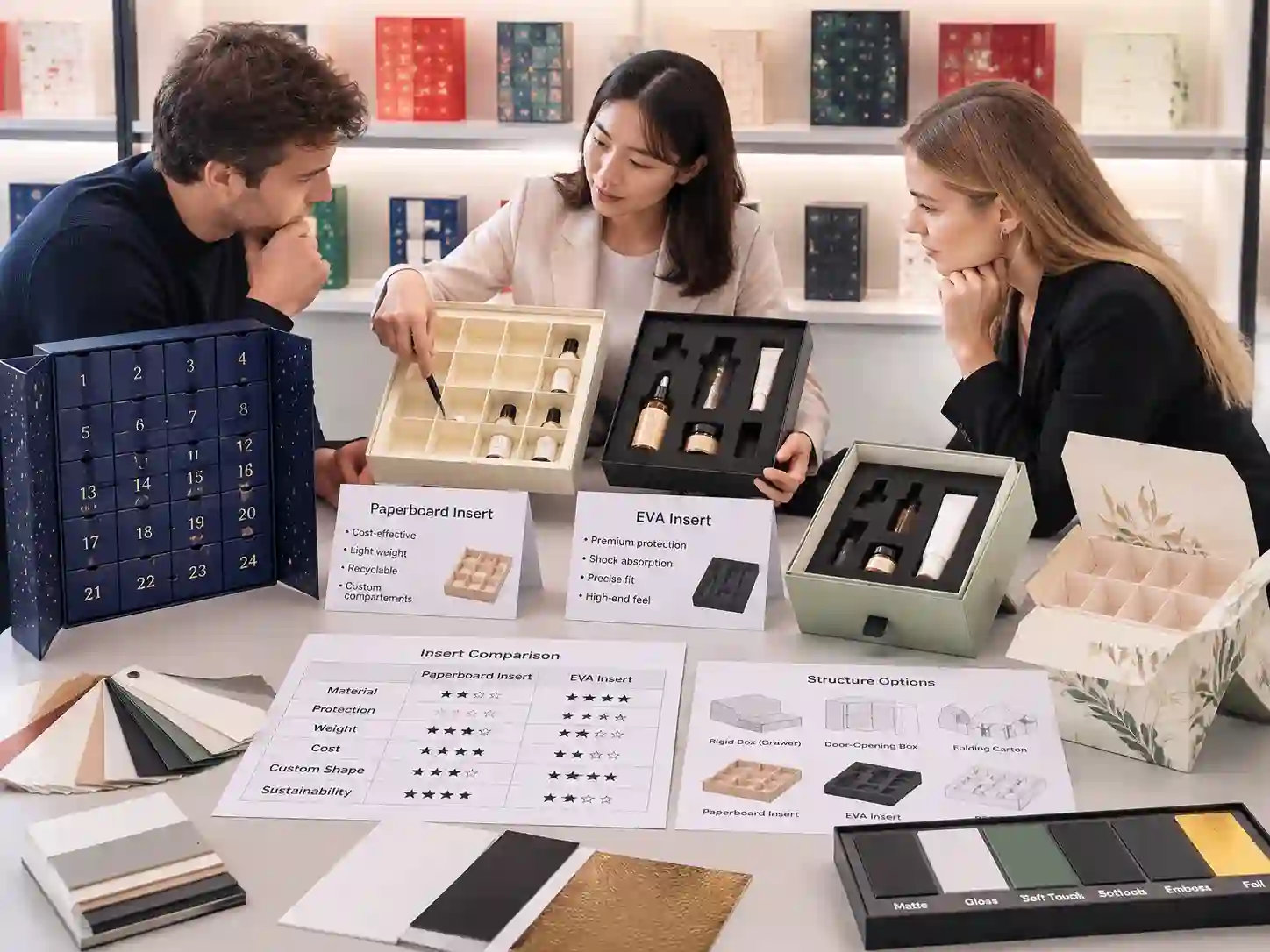 B2B packaging buyers comparing paperboard inserts and EVA inserts for custom advent calendar boxes