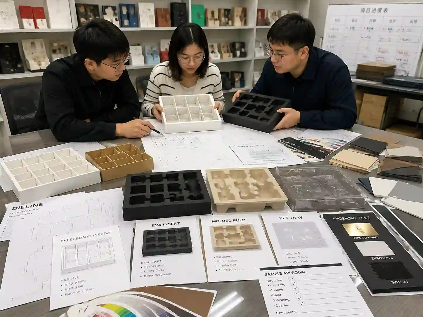 Packaging engineers testing paperboard and EVA insert samples for custom packaging development