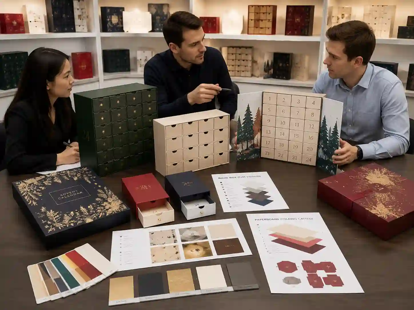 B2B buyers comparing rigid and paperboard advent calendar box structures in a packaging showroom