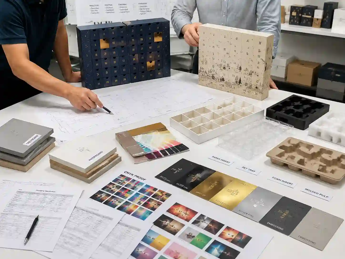 Packaging engineers reviewing materials and prototypes for rigid and paperboard advent calendar boxes