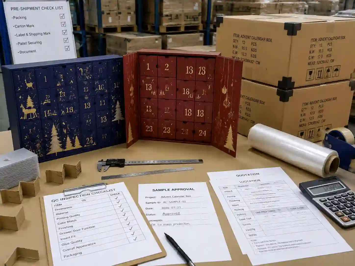 QC and export packing preparation for rigid and paperboard advent calendar box production