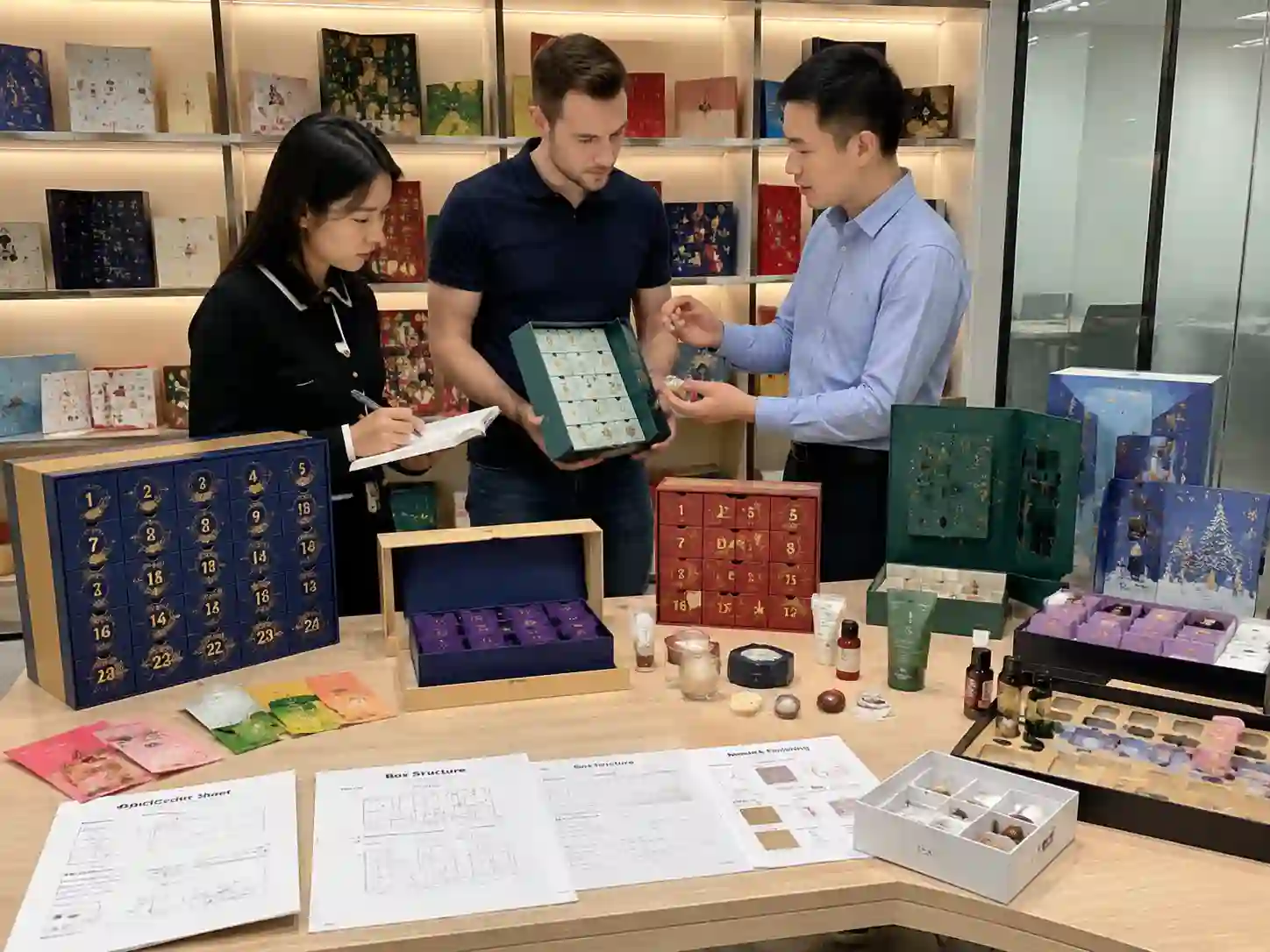 B2B packaging showroom comparing reliable advent calendar box supplier samples and structures