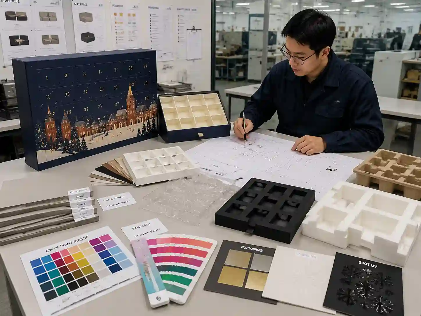 Packaging engineer reviewing materials and prototype samples for reliable advent calendar box production