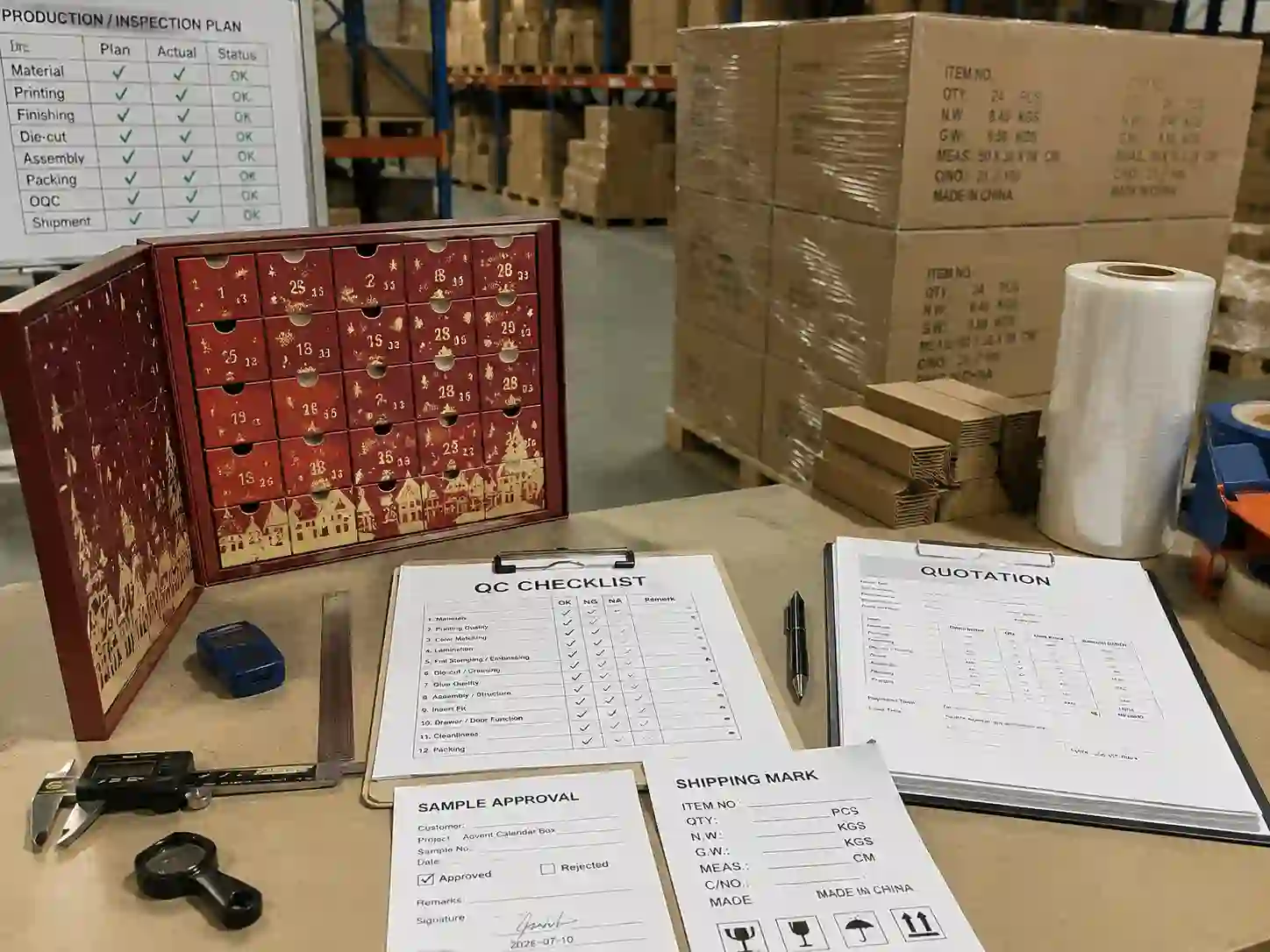QC inspection and export packing preparation for reliable advent calendar box supplier evaluation