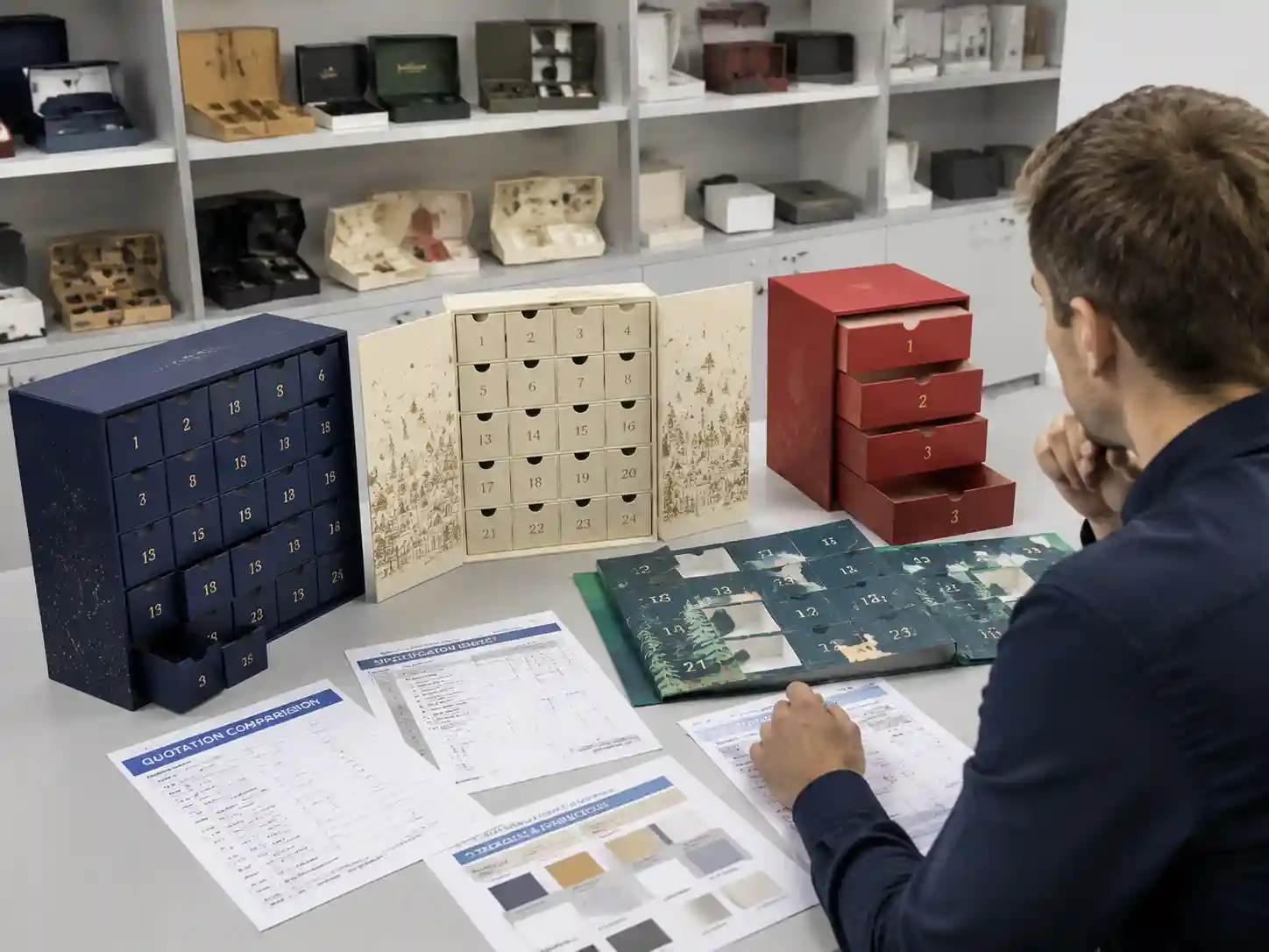 B2B buyer comparing advent calendar box structures and quotation specifications in a packaging showroom