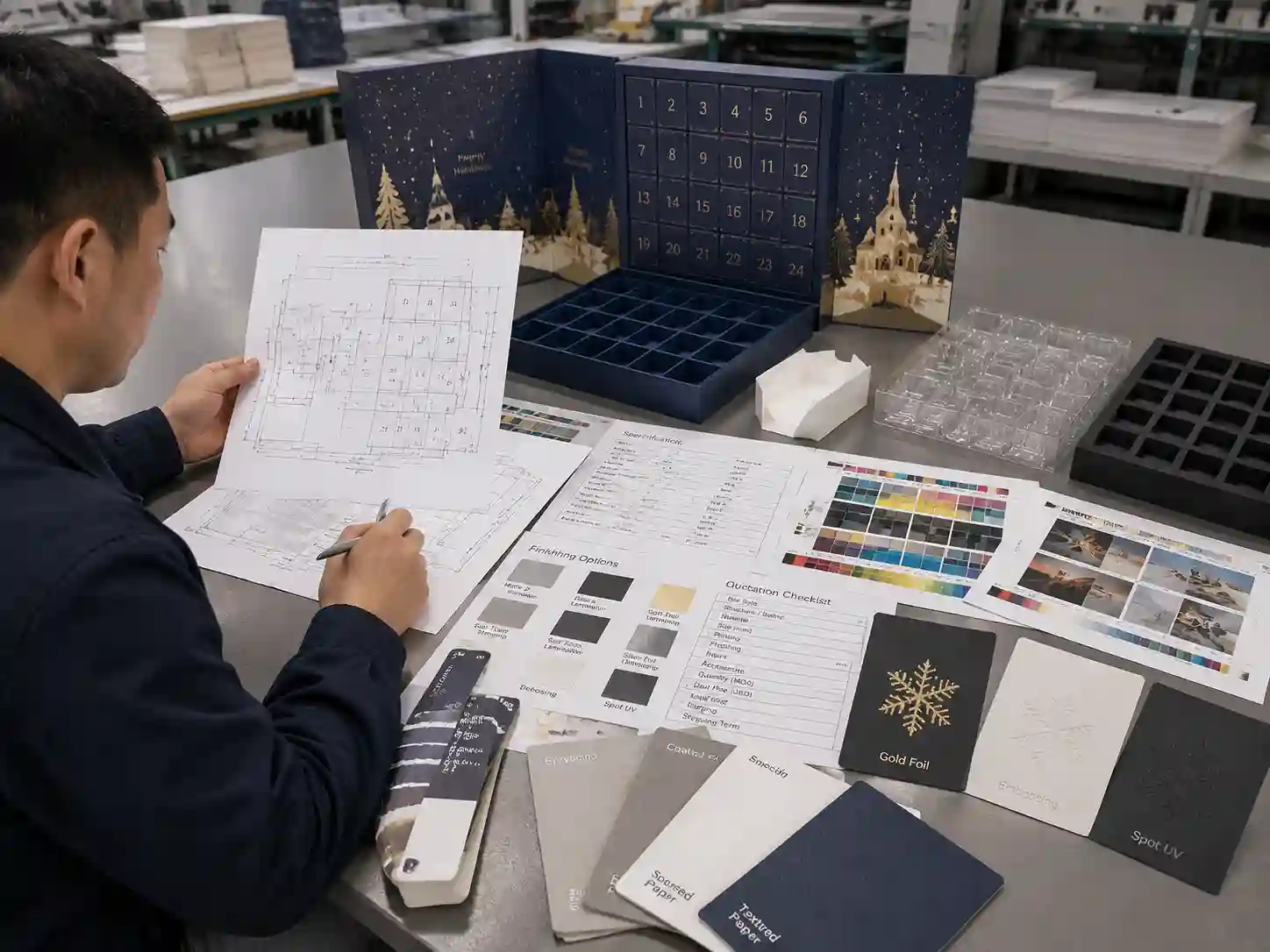 Packaging engineer reviewing materials, dielines, inserts, and sample details for an advent calendar box quotation