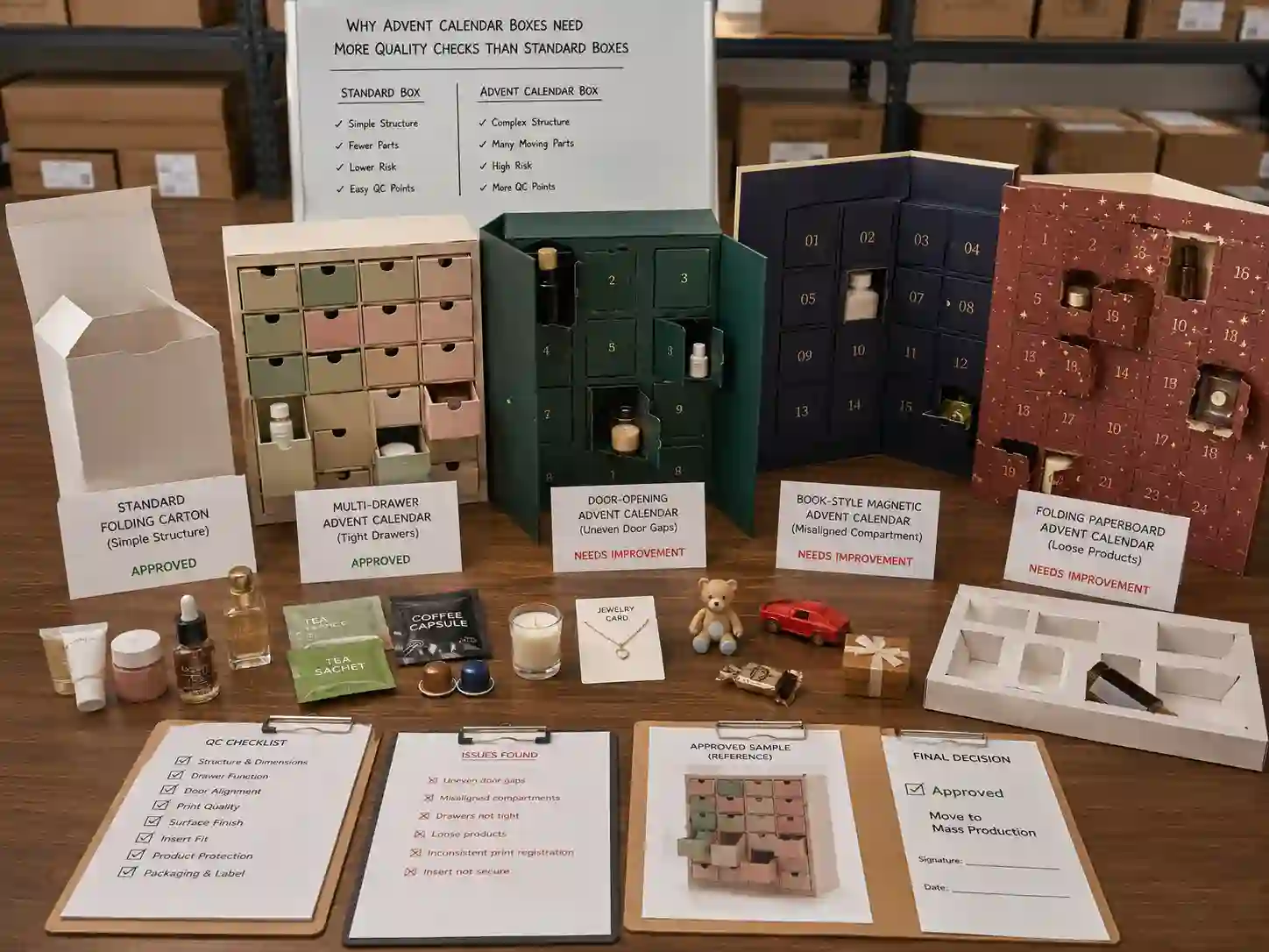 Comparison of standard boxes and advent calendar boxes showing additional structure, insert, drawer, door, and product-fit quality checks.