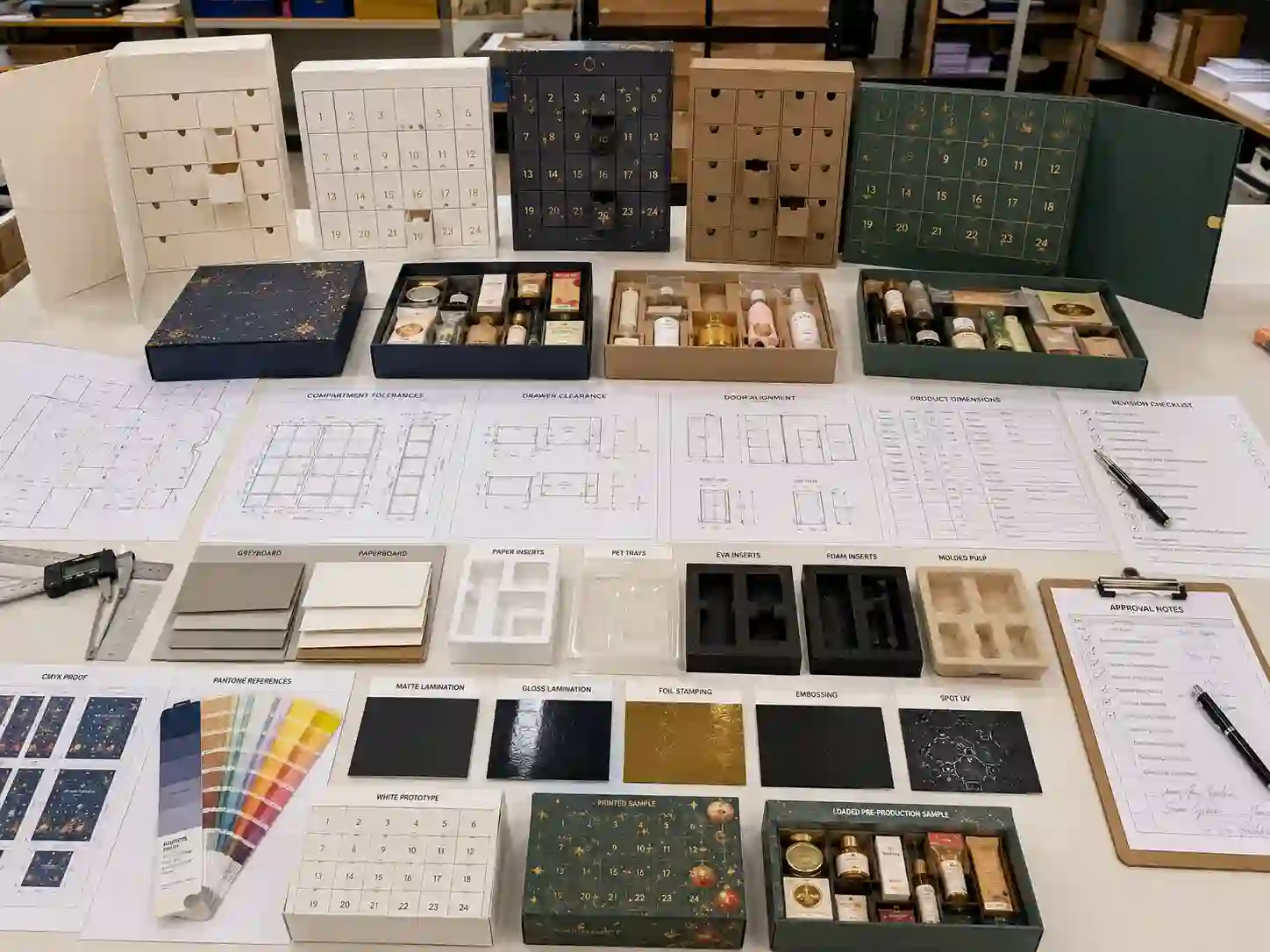 Factory development table for advent calendar box quality checks with dielines, tolerance drawings, inserts, materials, artwork proofs, and samples.