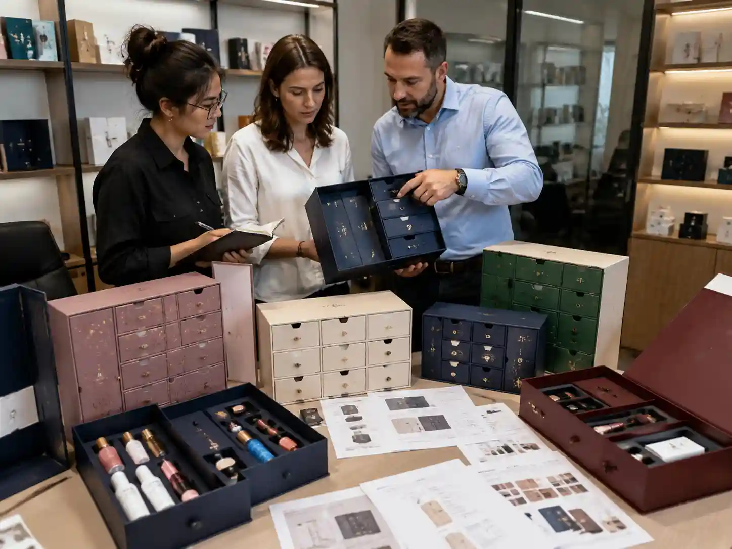 B2B showroom comparison of drawer advent calendar boxes designed for beauty brand packaging