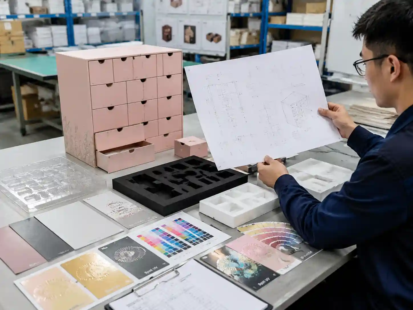 Packaging engineer reviewing drawer advent calendar box prototype materials and inserts