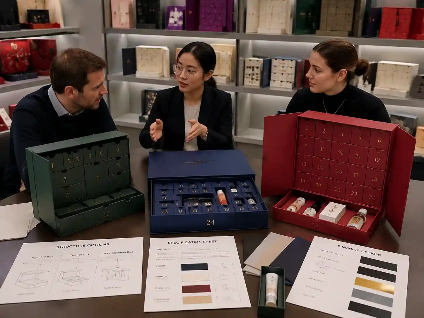 B2B comparison of rigid advent calendar box structures including drawer and door-opening packaging samples