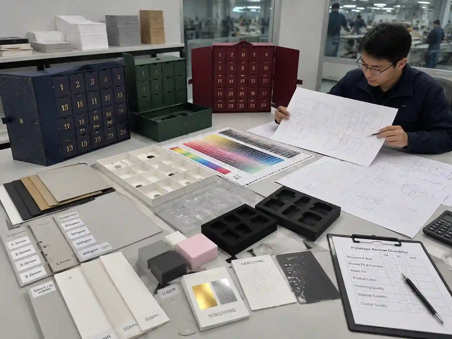 Packaging engineer reviewing rigid advent calendar box materials, inserts, dielines, and prototype samples