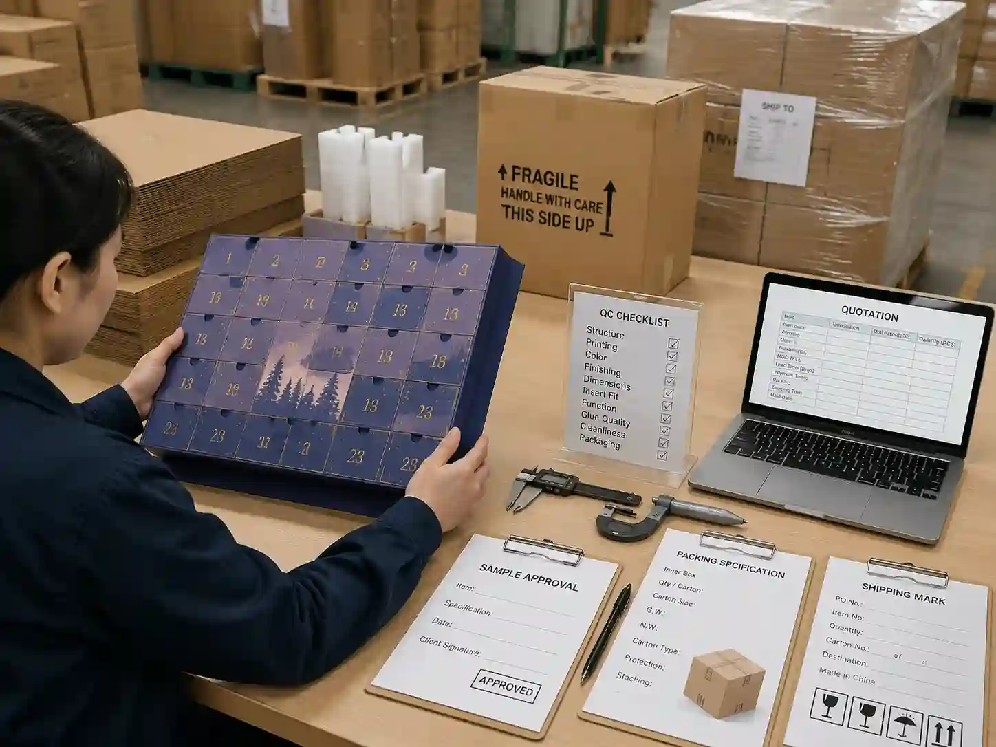 QC inspection and export packing preparation for rigid advent calendar box orders