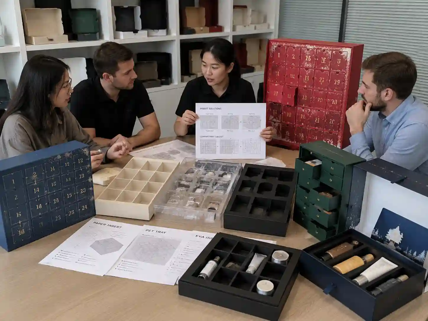 B2B comparison of custom advent calendar boxes with different insert structures and product-fit solutions.