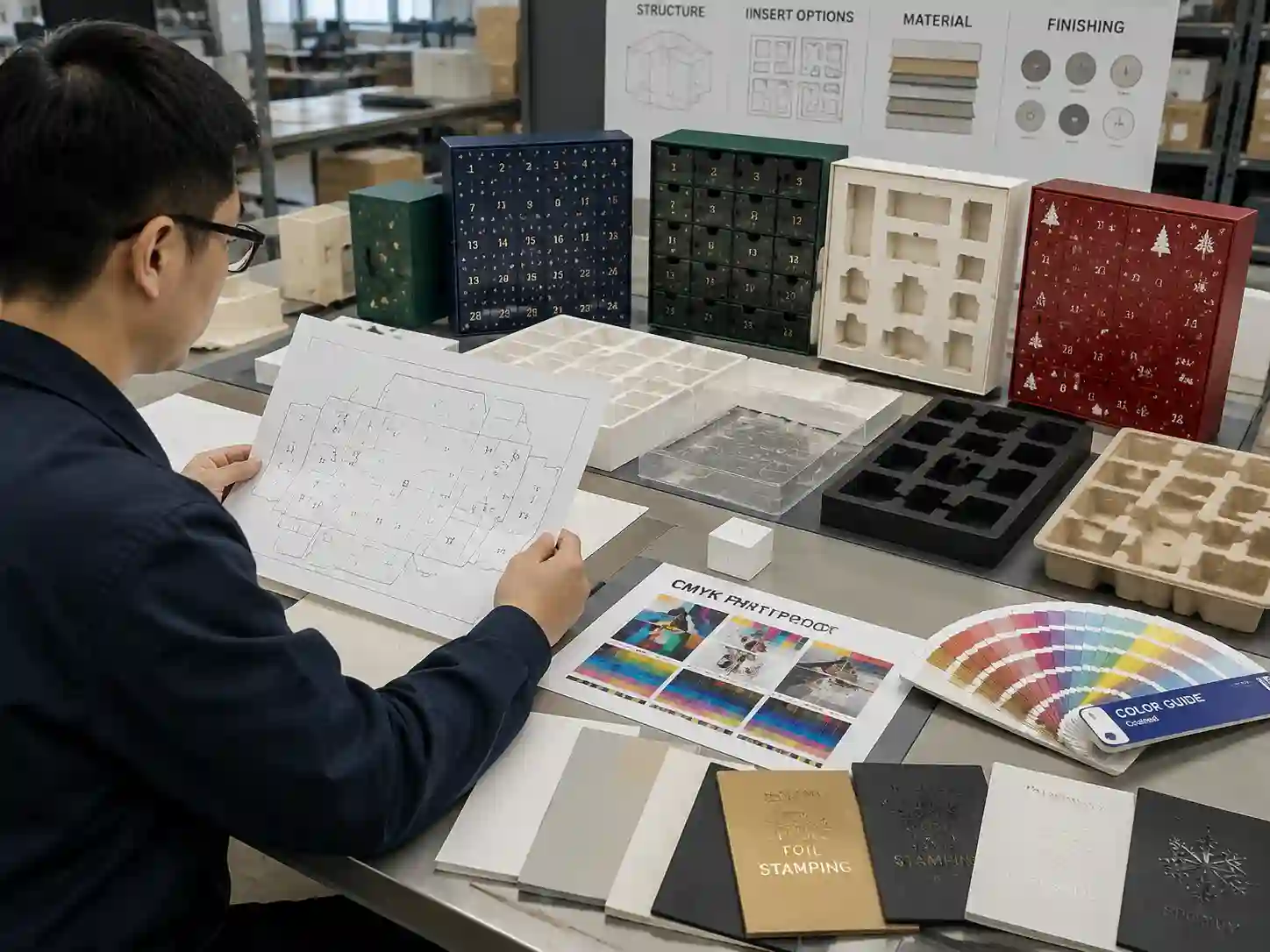Packaging engineer reviewing insert materials and prototype development for custom advent calendar boxes.