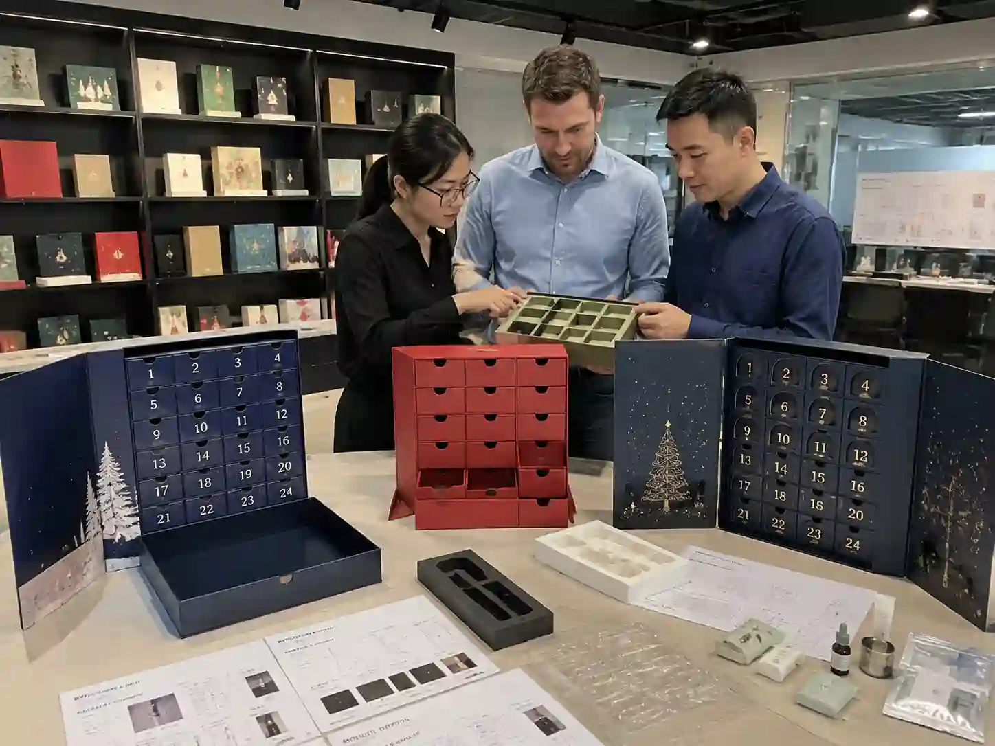 B2B buyers comparing custom advent calendar box structures and compartment designs